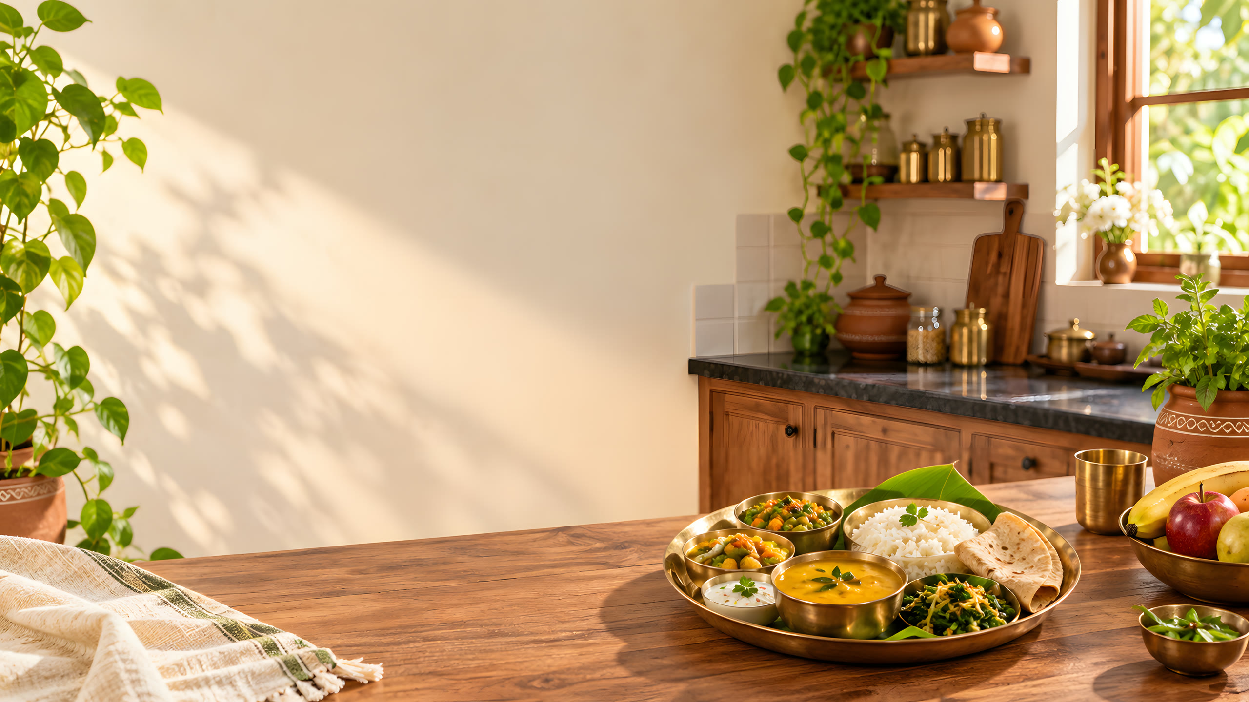 A brass thali of dal, rice, vegetables and roti on a wooden table in a sunlit kitchen, brass jars on the shelves behind.