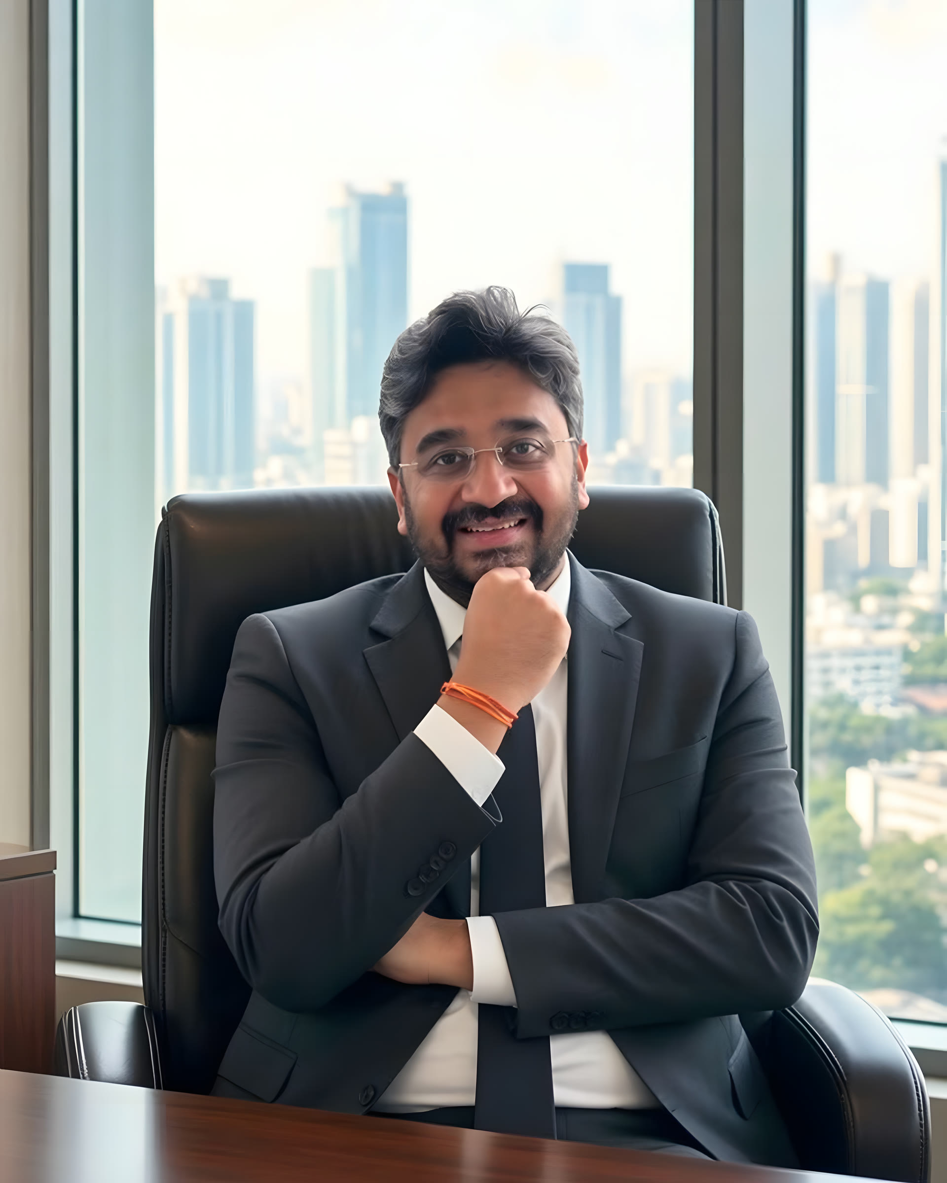 The founder in a dark suit, seated in his office before a window onto the city.