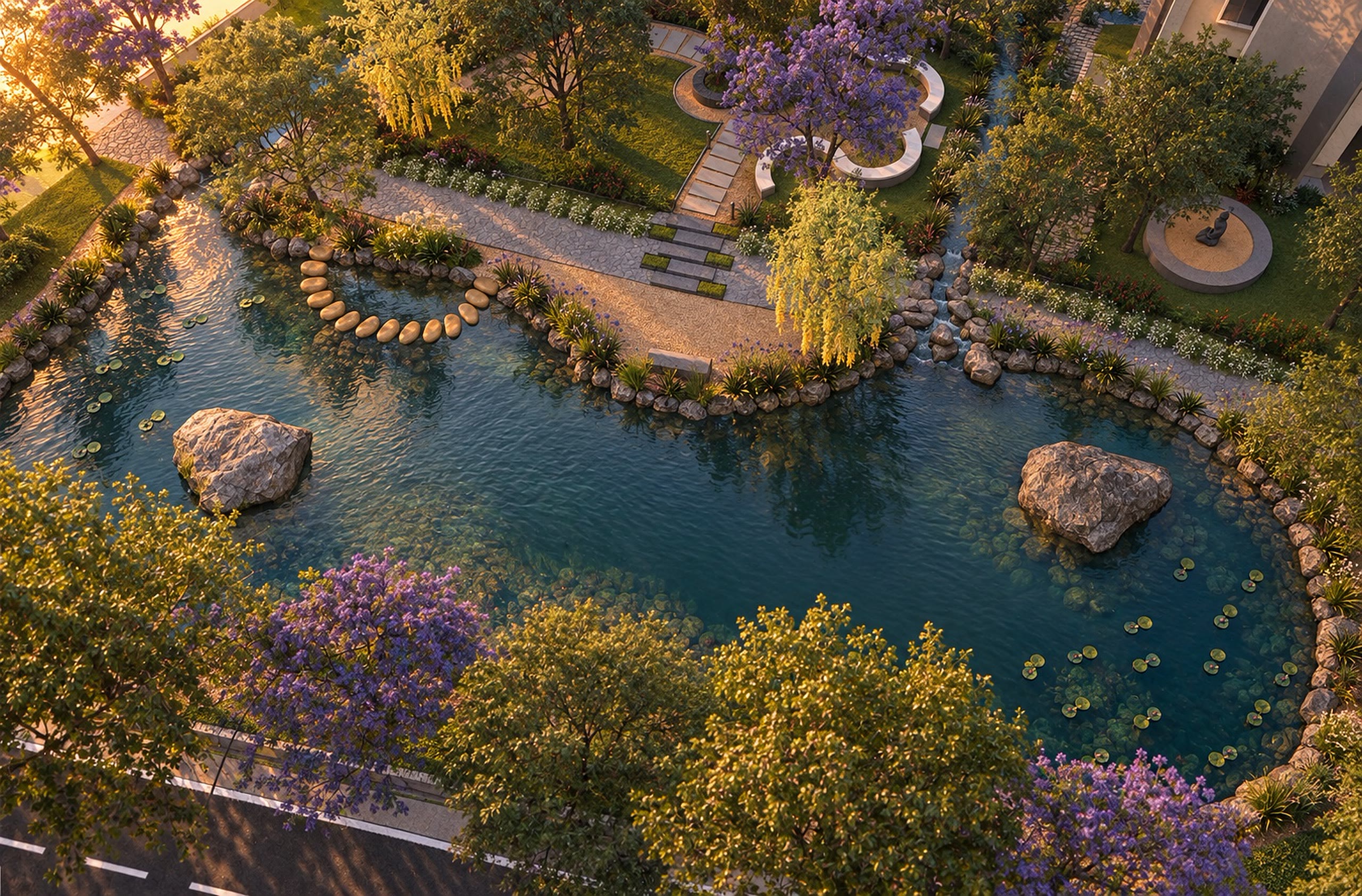 A pond from above, stepping stones crossing it, boulders at its edge and purple blossom nearby.
