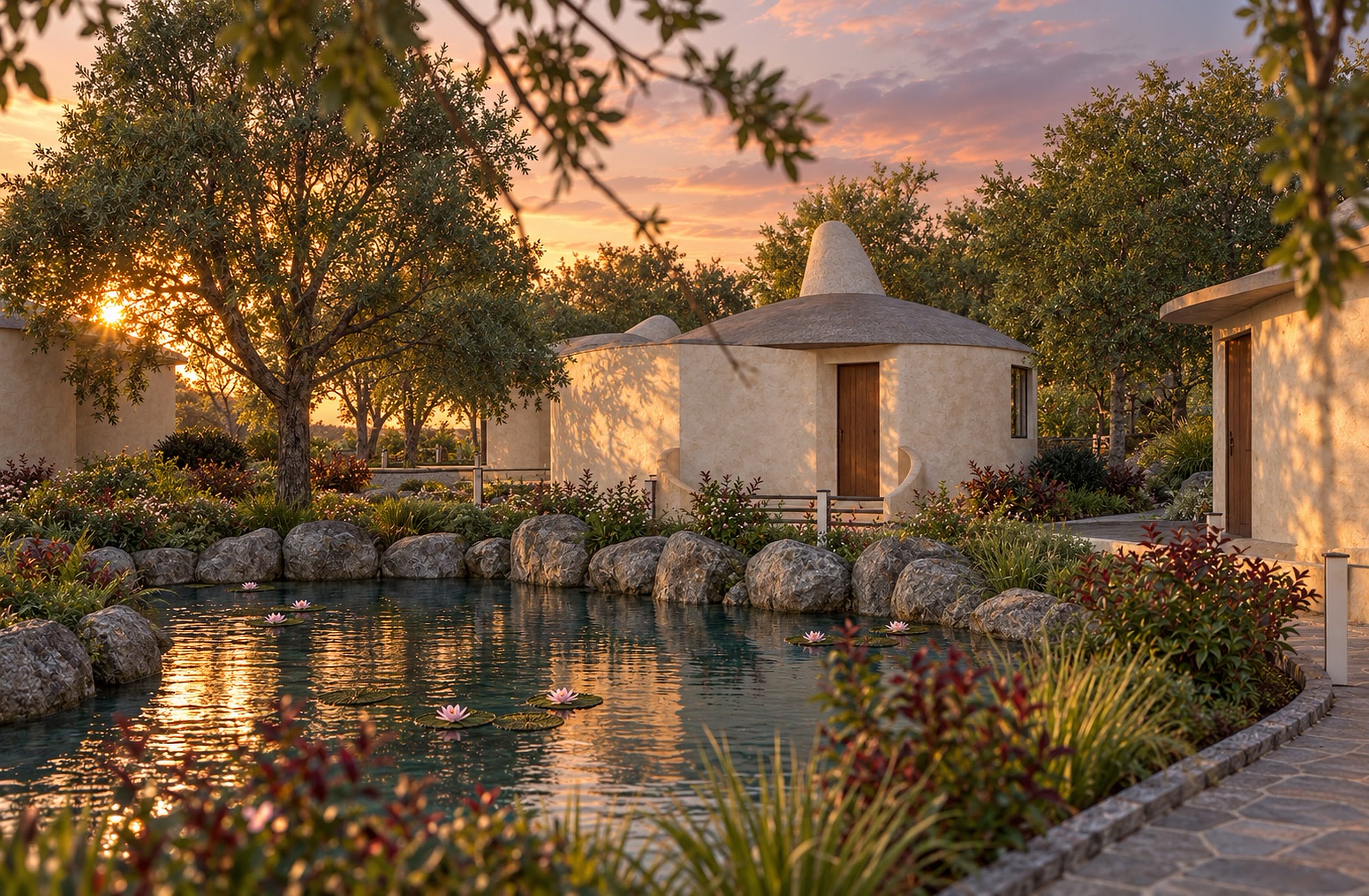 A pond at sunset with a cluster of cottages behind it, boulders along the water's edge.