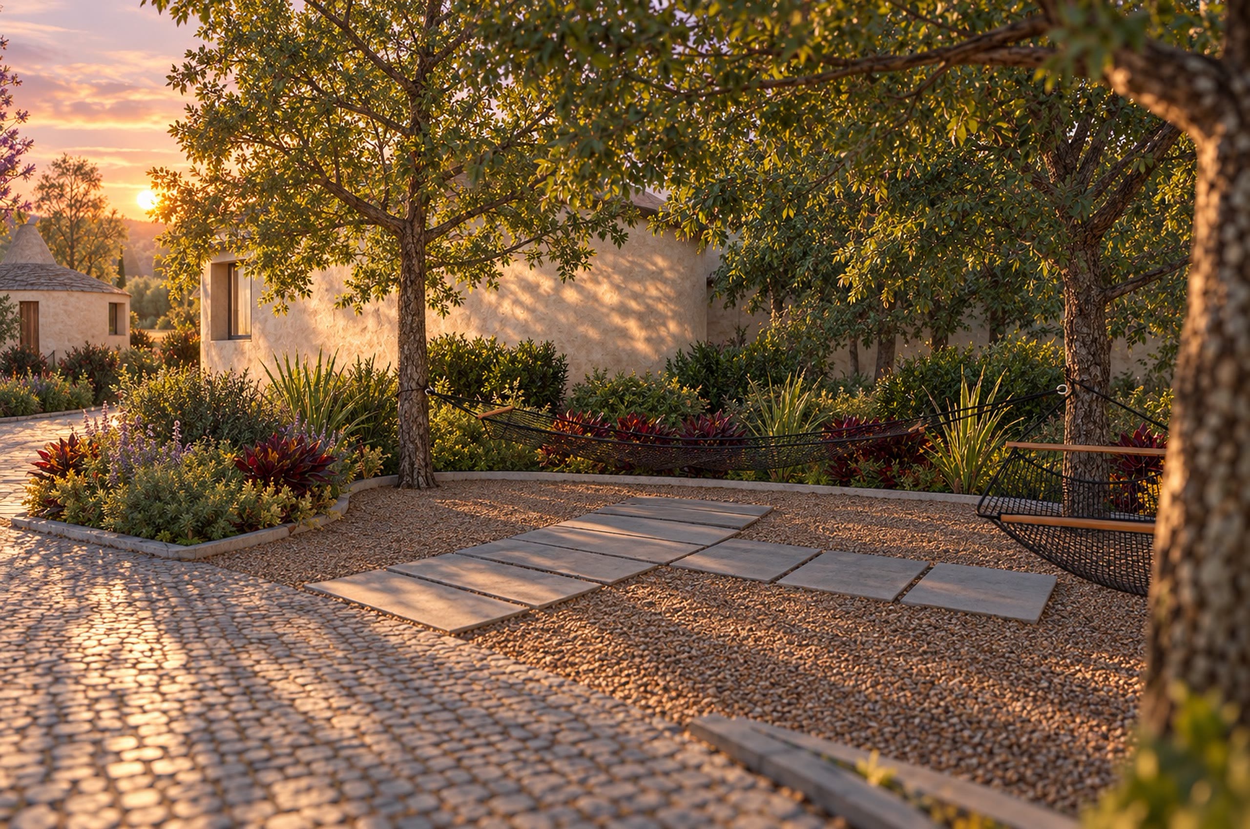 Pale stone paving leading toward low buildings at sunset, trees on either side.
