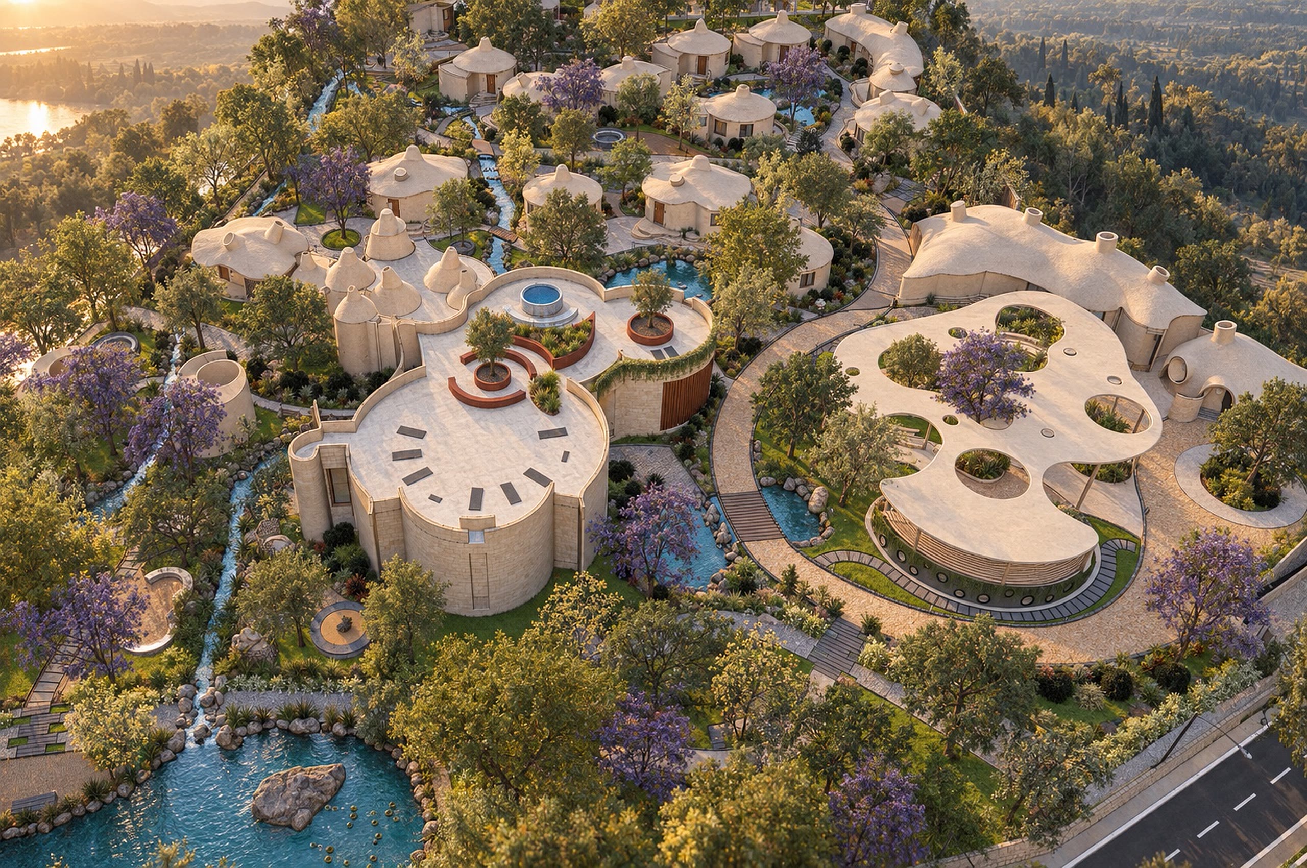 The retreat from above in daylight: rounded roofs, gardens and water in a grid of trees.