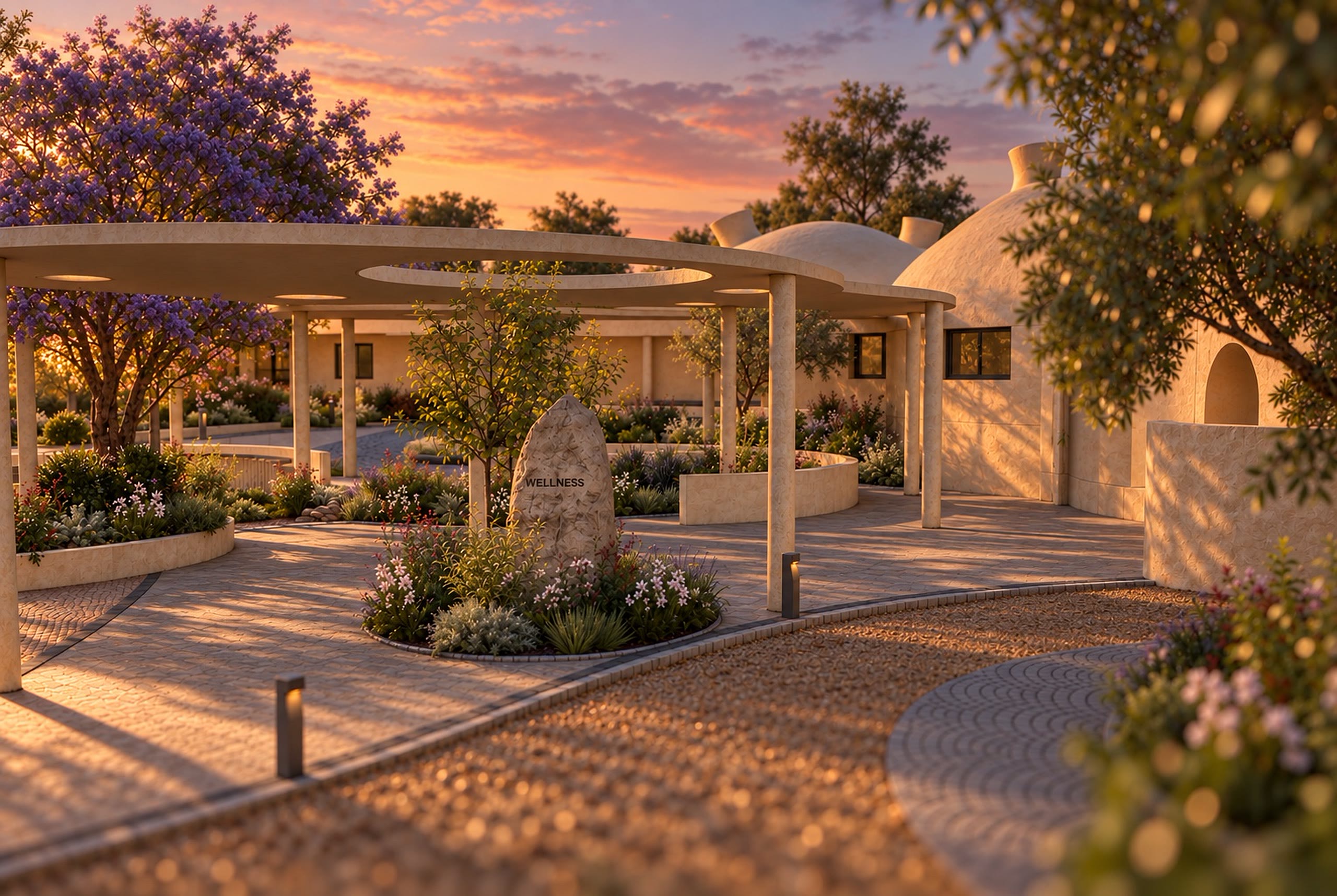 The arrival court at sunset, a thin cantilevered canopy over pale stone, a carved stone beside the path.