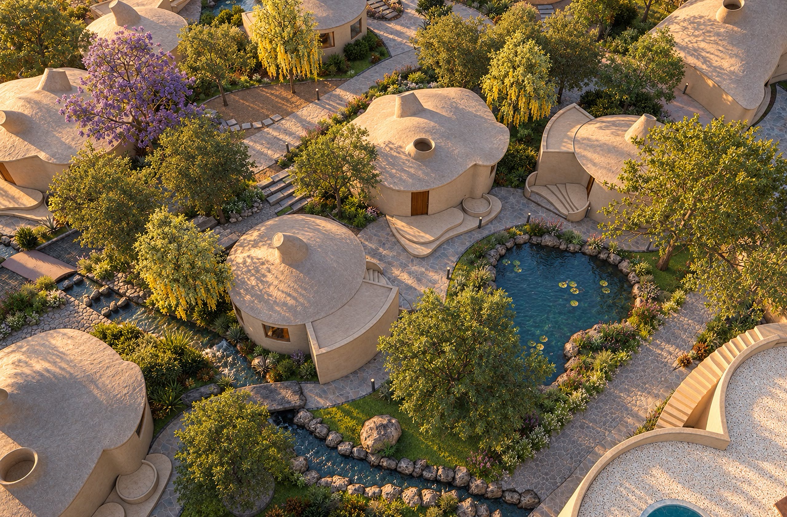 A cluster of cottages and ponds from above, trees filling the spaces between.