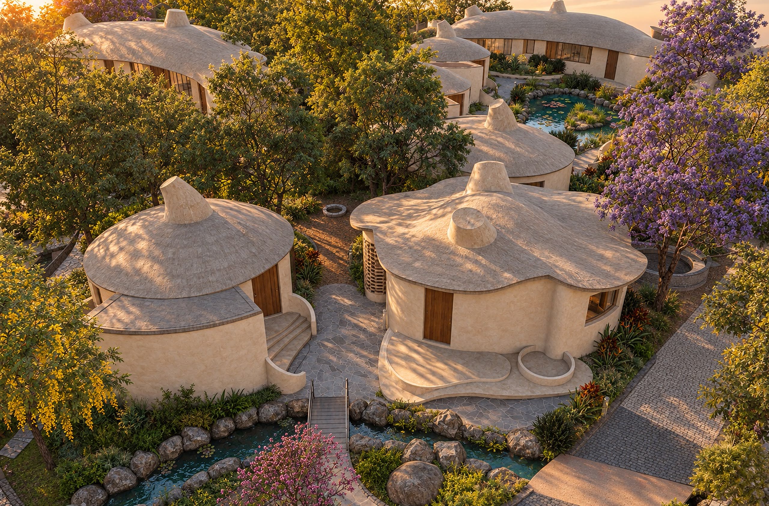 Cottage roofs from close above, stone, blossom and a pool between them.