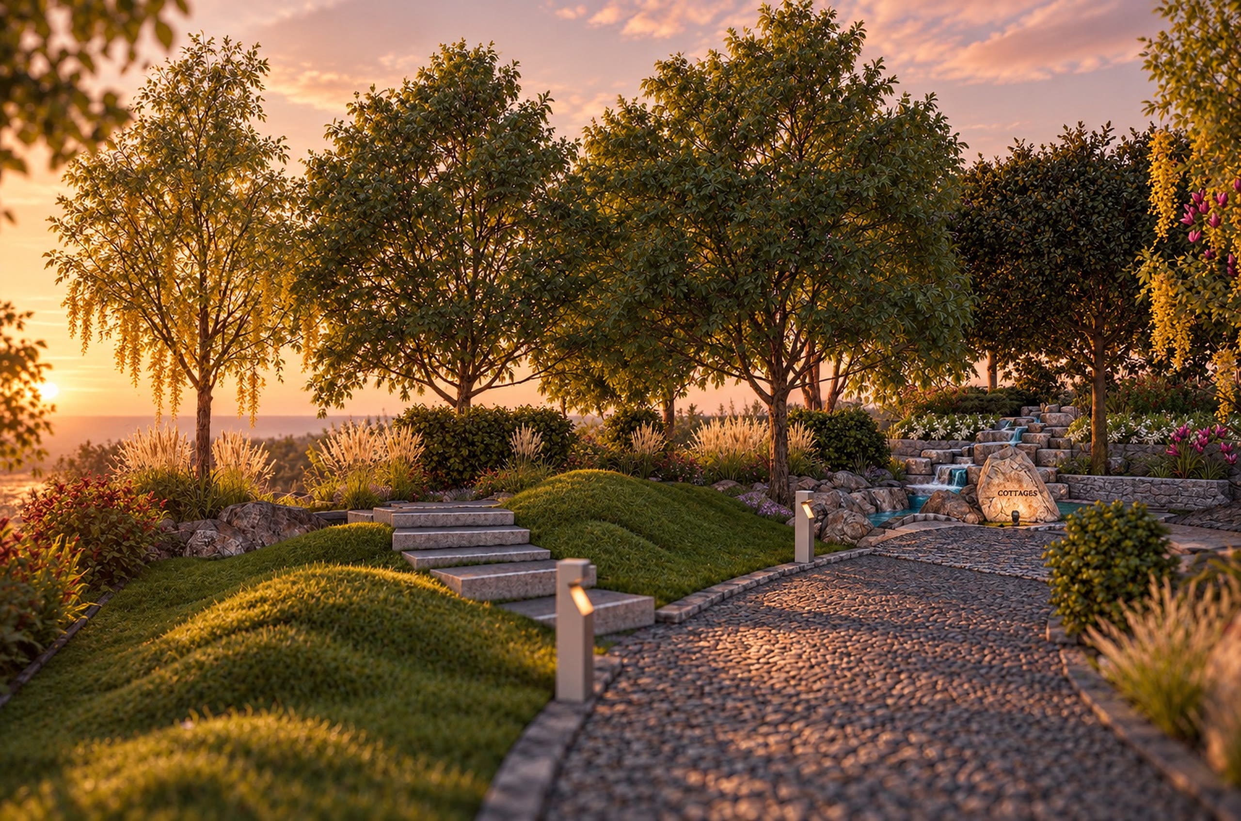 A gravel path climbing through grass and trees toward a cottage at sunset.