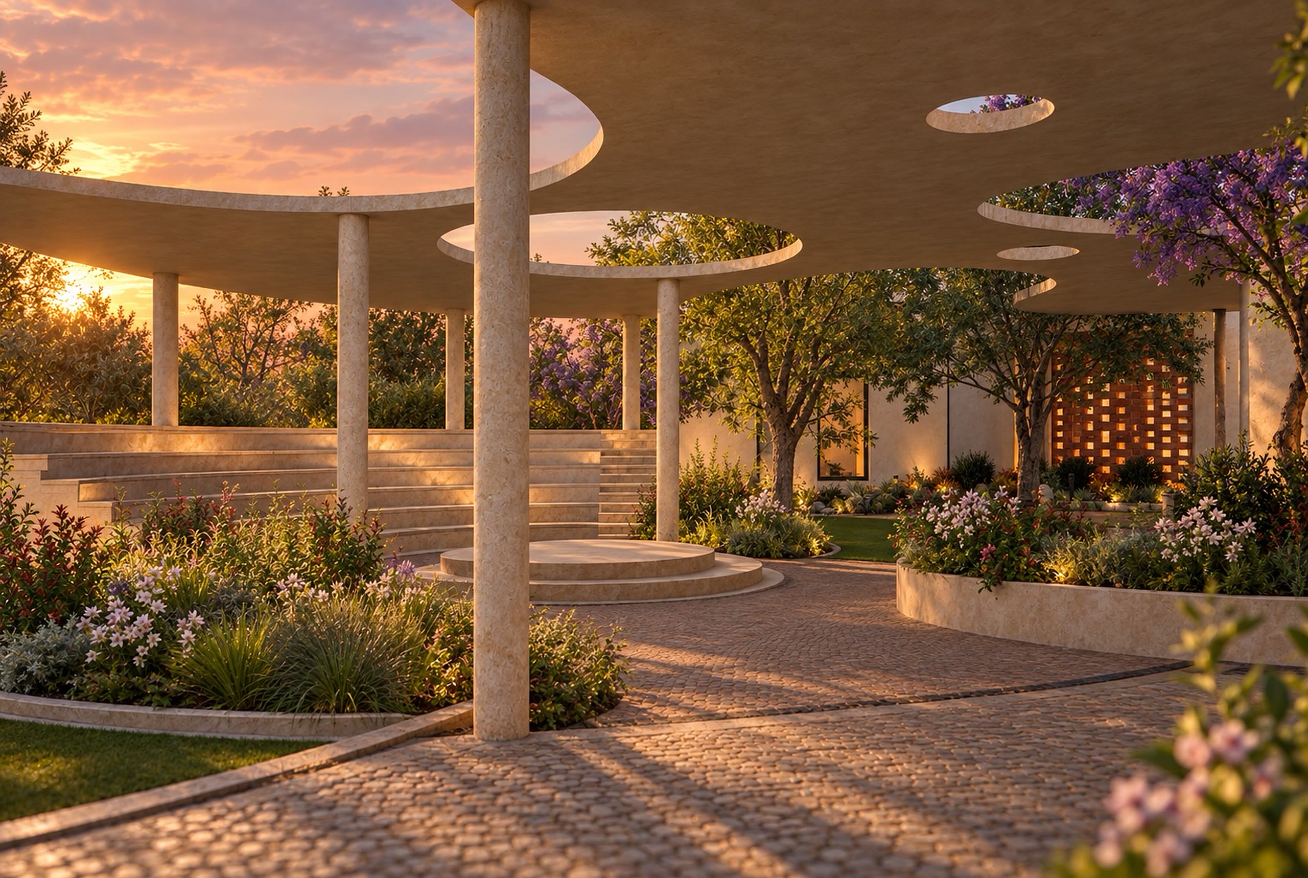 Under the arrival canopy at sunset, light falling through round openings onto a stone floor.