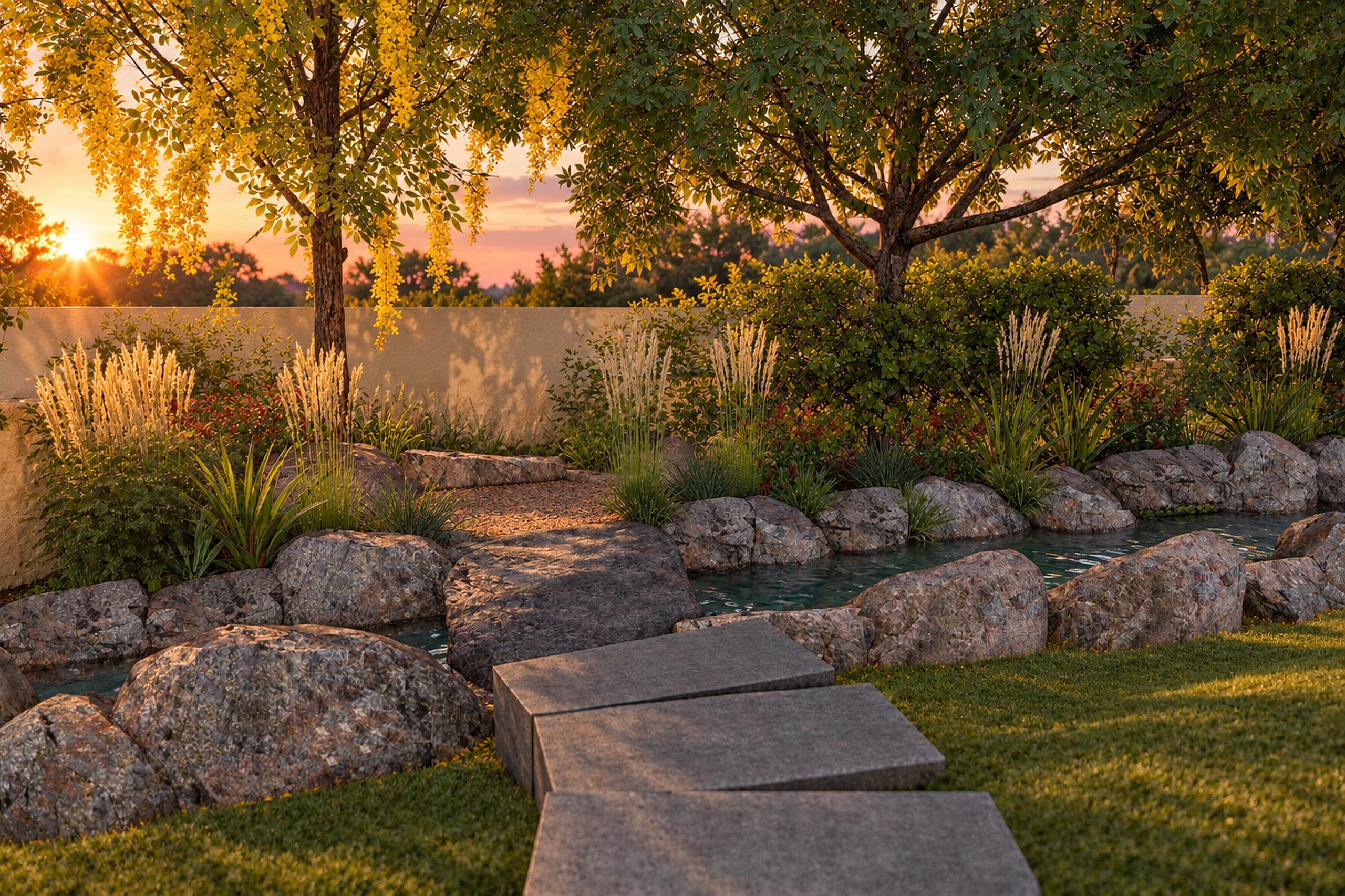 A stone path through dense planting, boulders along its edge.