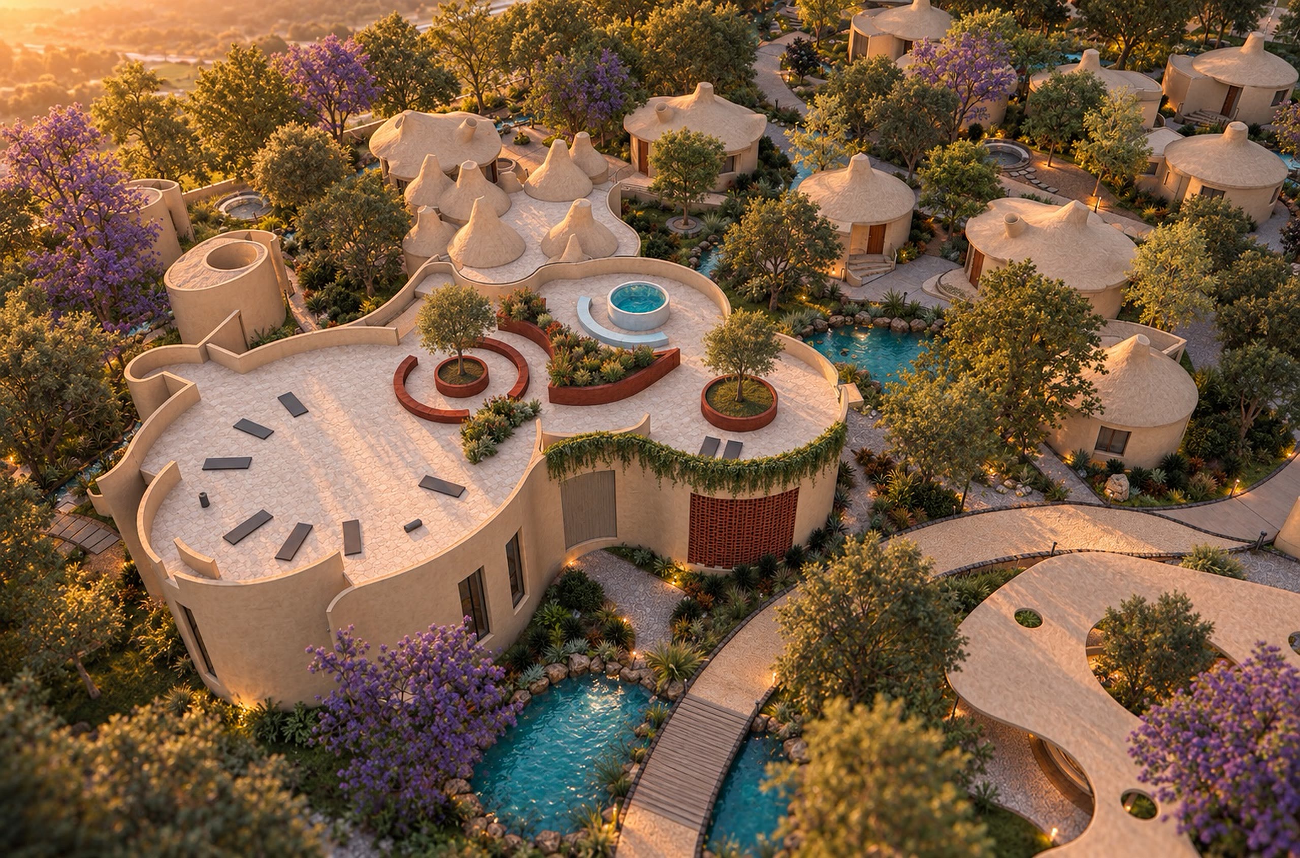 The whole retreat from above: clusters of rounded cottages, pools and gardens set in trees.