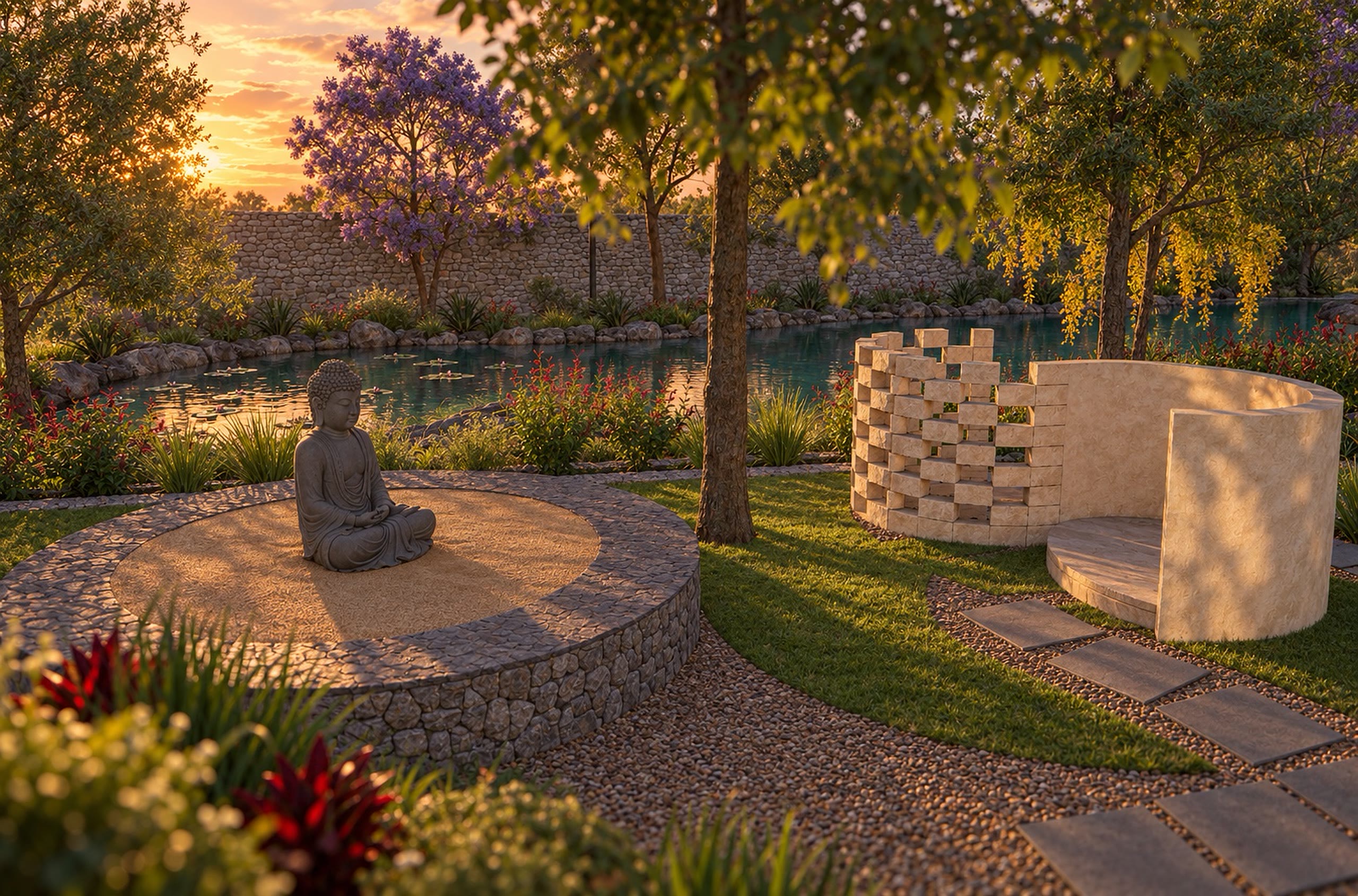 A courtyard of pale stone, a carved boulder at its centre and a pierced screen wall behind.