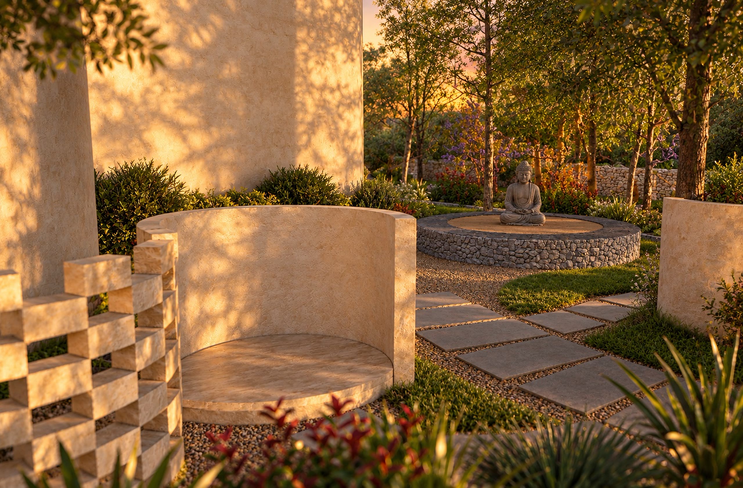 A pierced stone screen wall and a round stone plinth under tall trees.