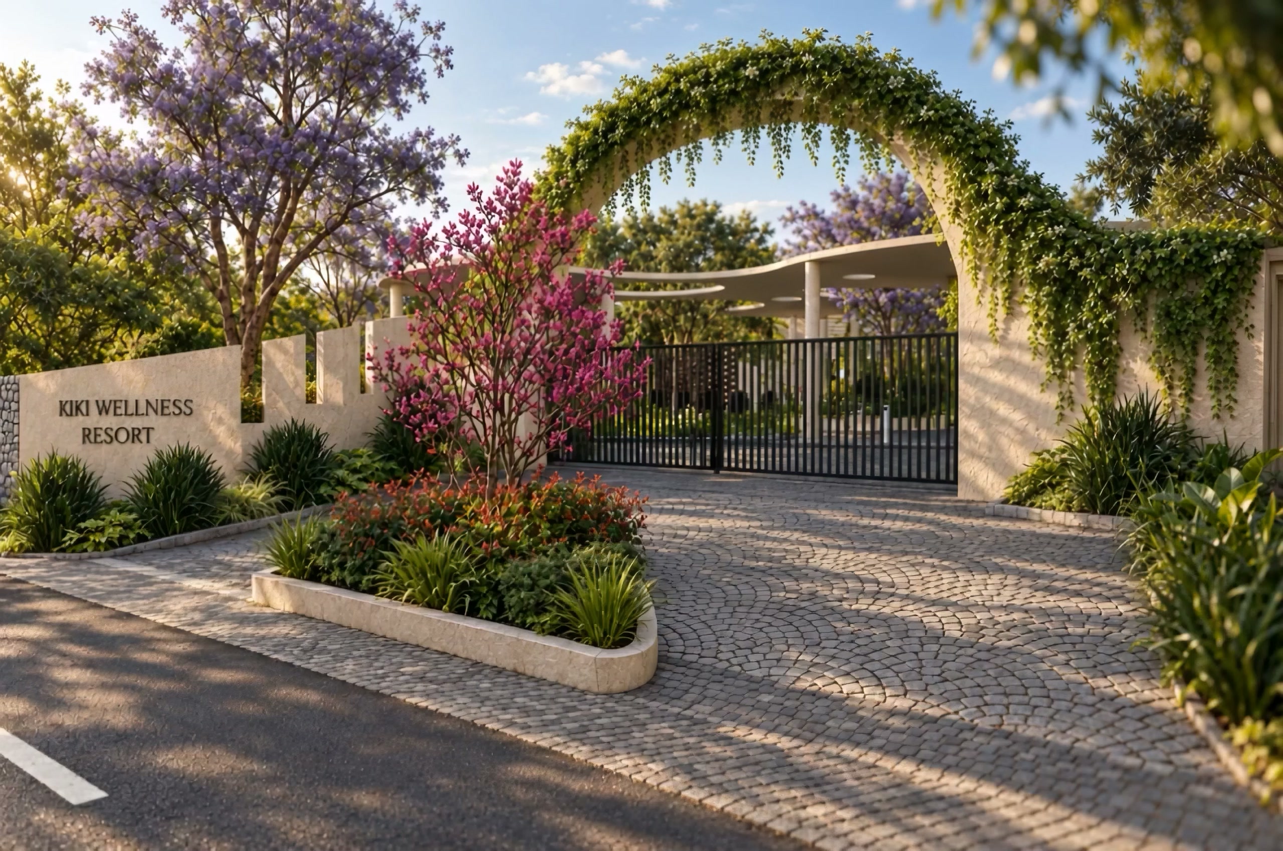 The gate of KIKI at the end of a cobbled drive, pink blossom and a vine-covered arch beside it.
