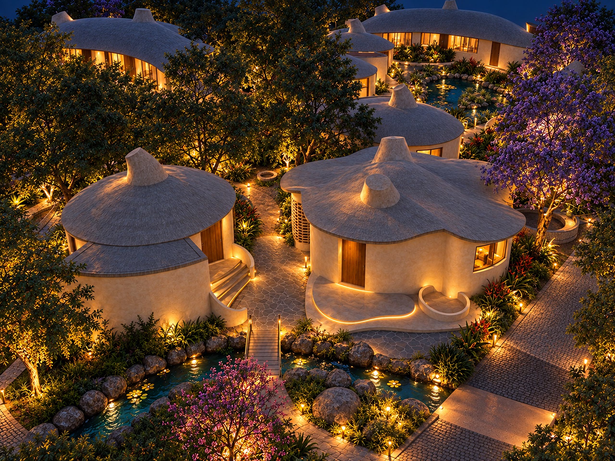 Timber villas stepping down a forested hillside at dusk, two people in a plunge pool on a deck below.