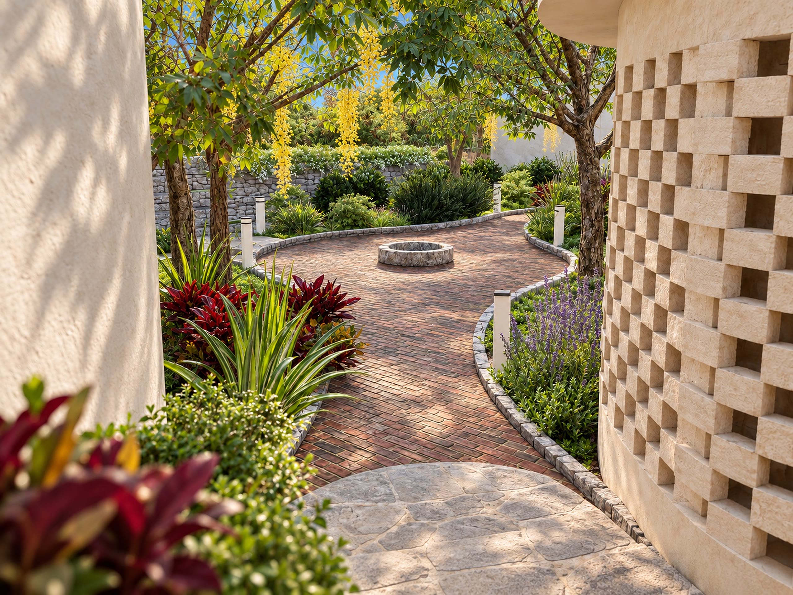 A courtyard path and planting framed by a pierced stone screen, in daylight.