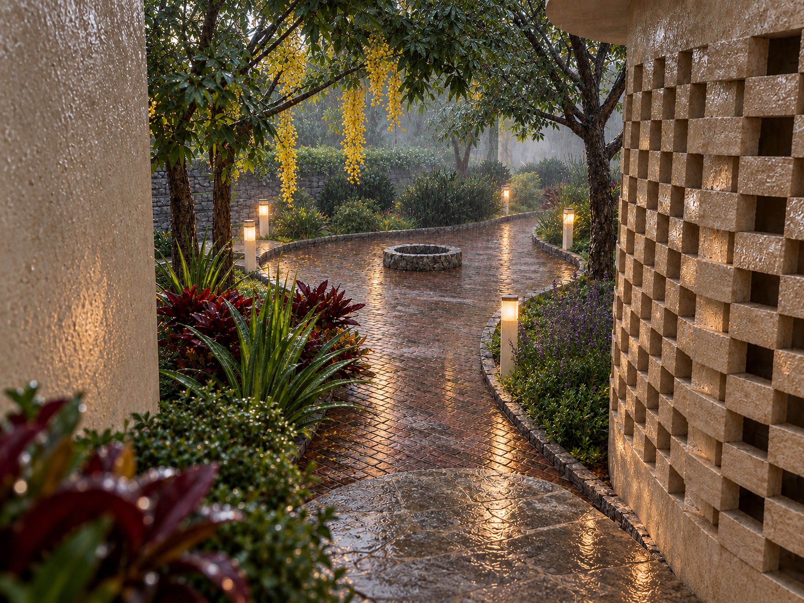 A courtyard path in rain, seen through a pierced stone screen wall.