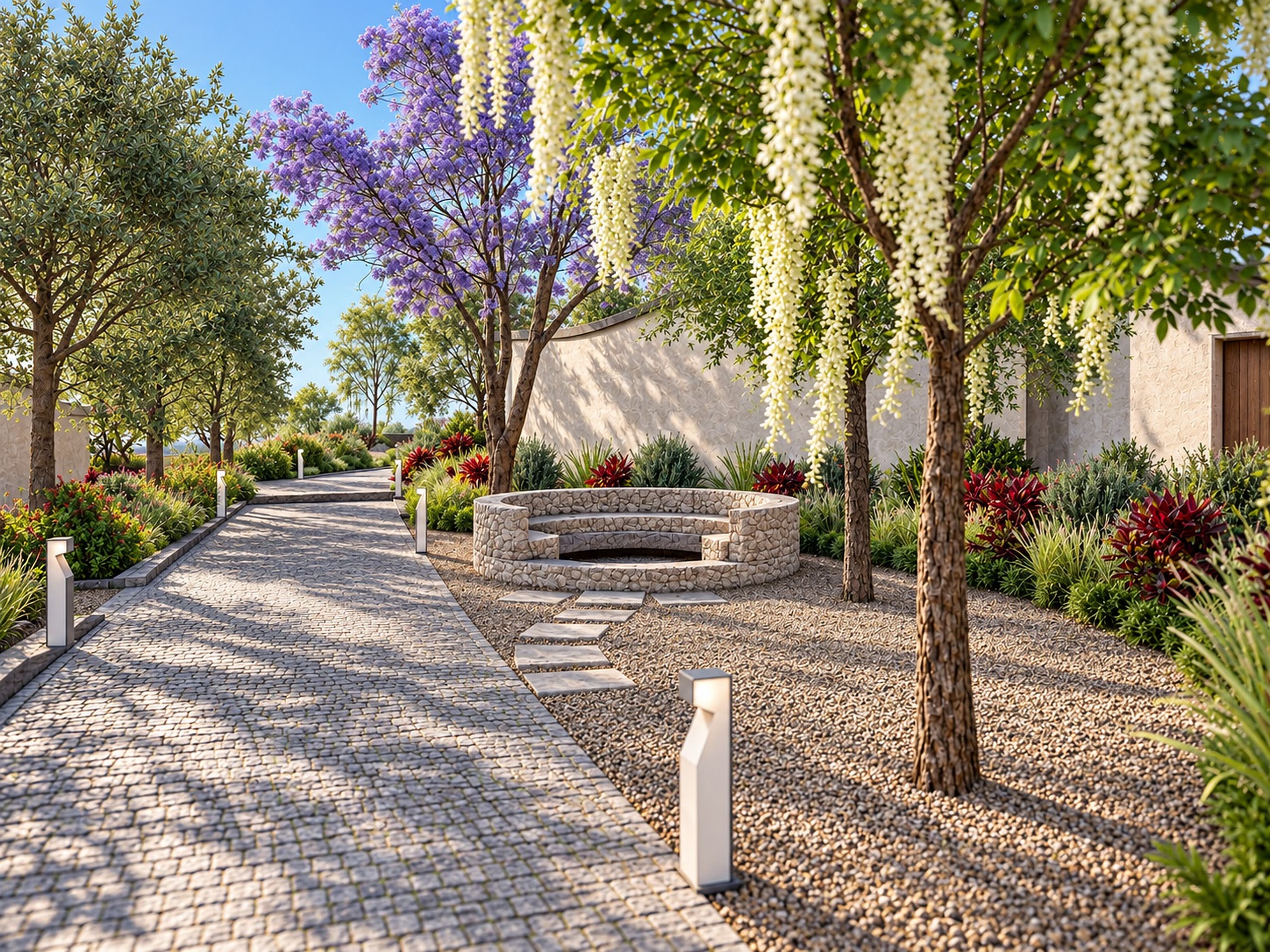 A paved courtyard under trees heavy with blossom, a stone bench against the wall.