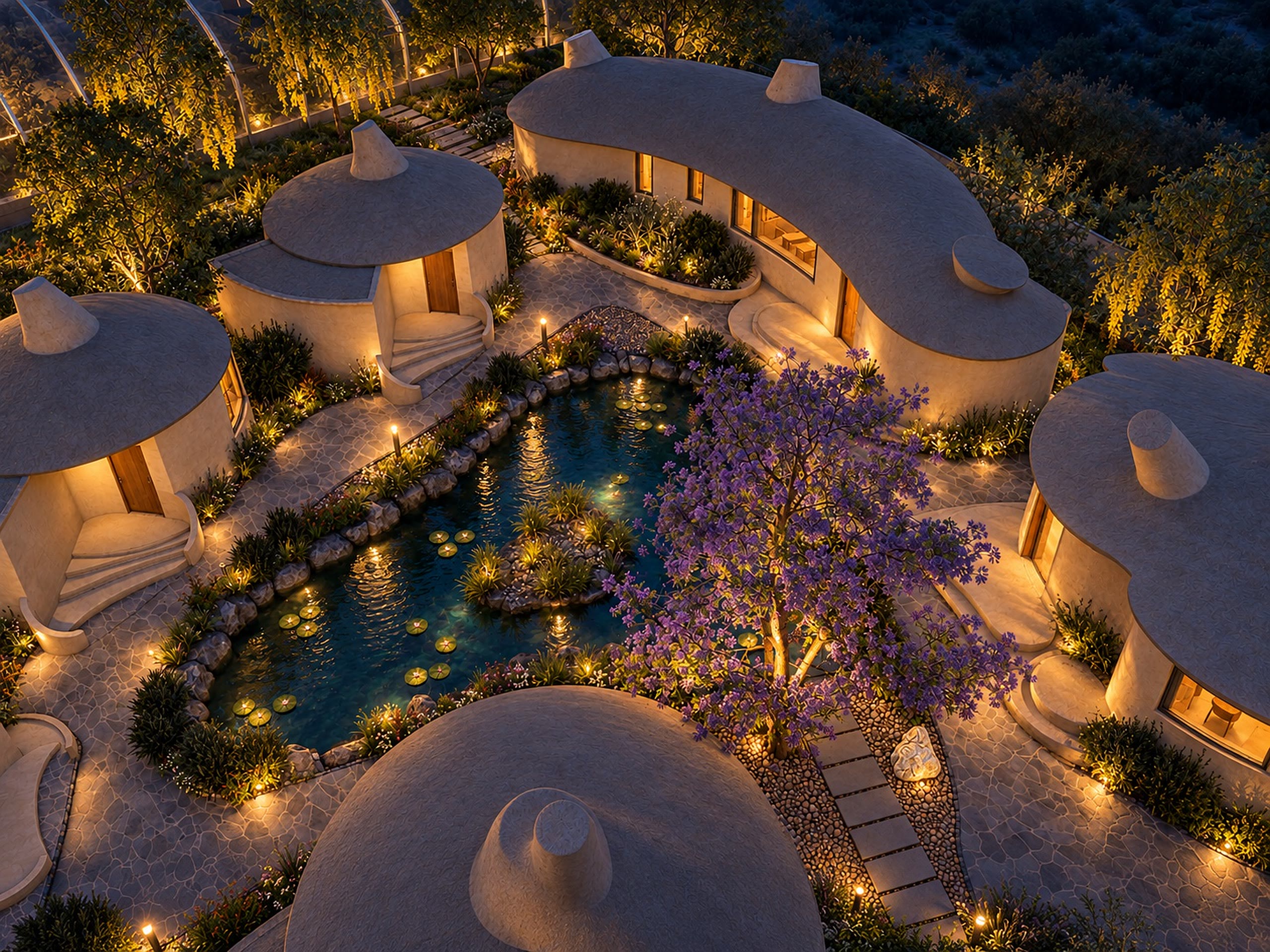 Rounded roofs at dusk, lit from within, a pond catching the last light.