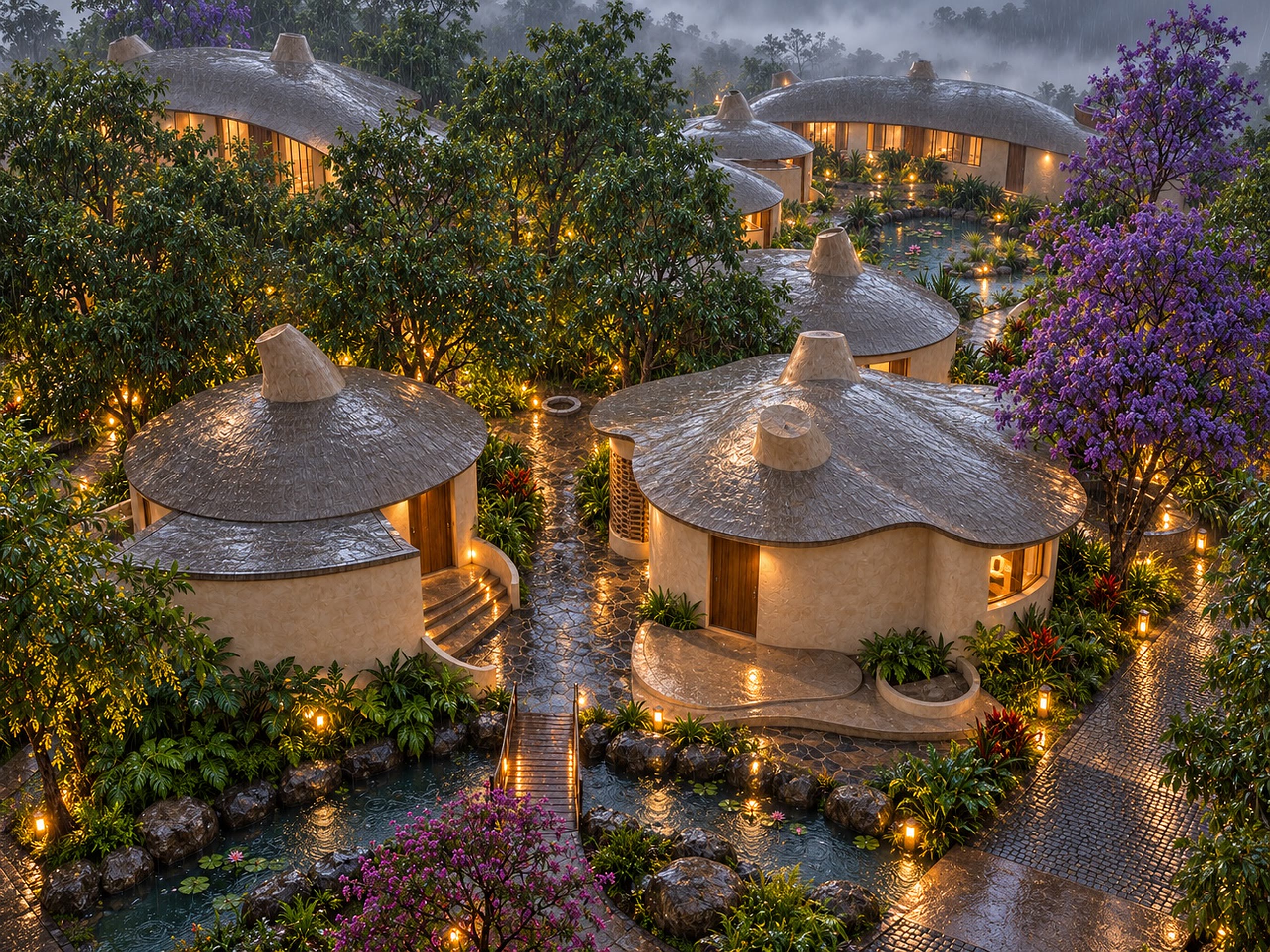 Cottages at dusk, their windows glowing, blossom overhead.
